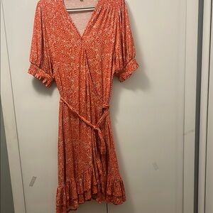 Boden White and Orange Ruffled Wrap Midi Dress